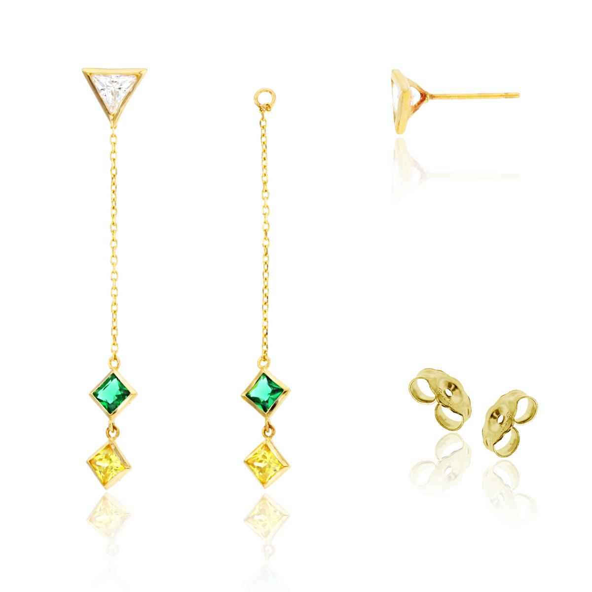 14K Yellow Gold Multishape Multicolor CZ Bezel Studs on Linked Dangling Earrings with 4.5mm Clutch