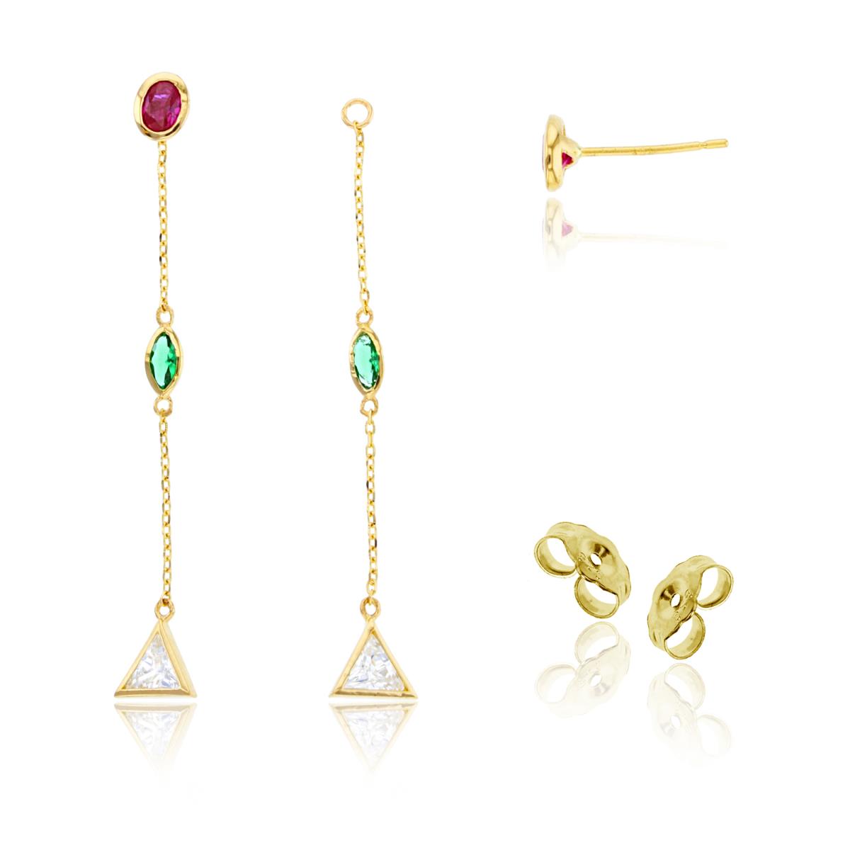 14K Yellow Gold Multishape Multicolor CZ Bezel Studs on Linked Dangling Earrings with 4.5mm Clutch