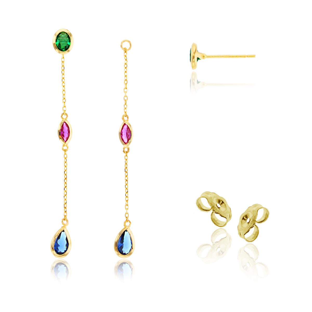 14K Yellow Gold Multishape Multicolor CZ Bezel Studs on Linked Dangling Earrings with 4.5mm Clutch