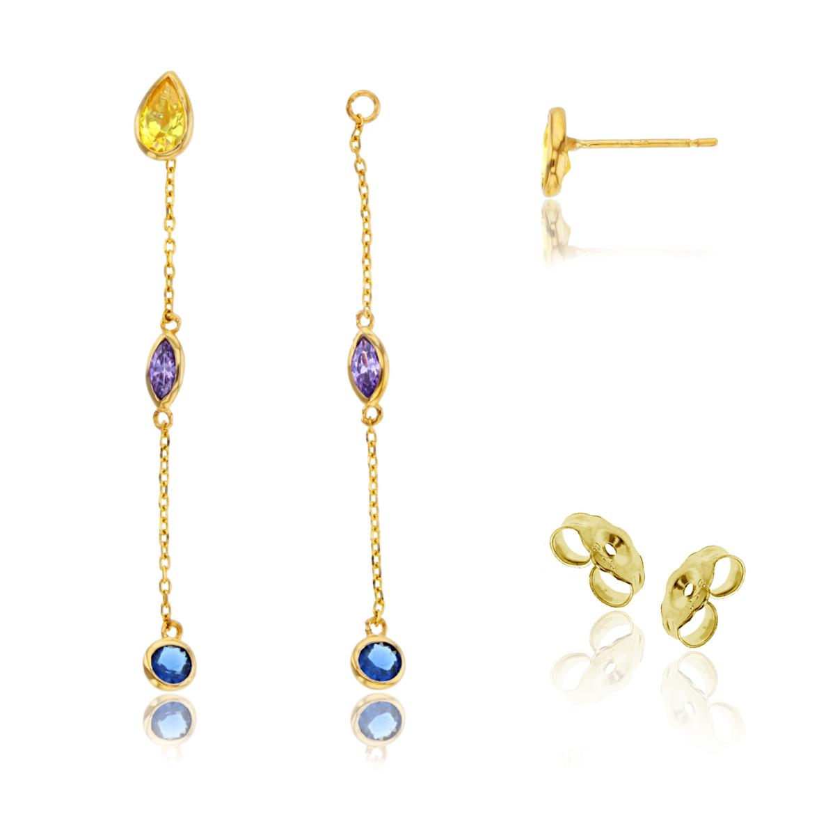 14K Yellow Gold Multishape Multicolor CZ Studs on Linked Bezel Dangling Earring with 4.5mm Clutch