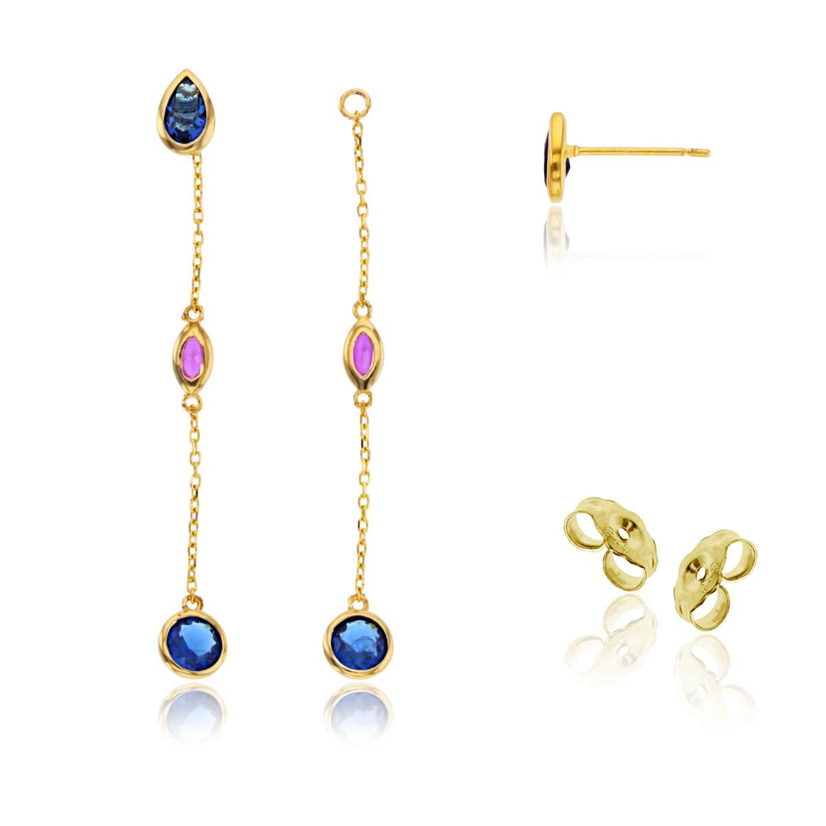 14K Yellow Gold Multishape Ruby/Sapphire CZ Studs Bezel on Linked Dangling Earrings with 4.5mm Clutch