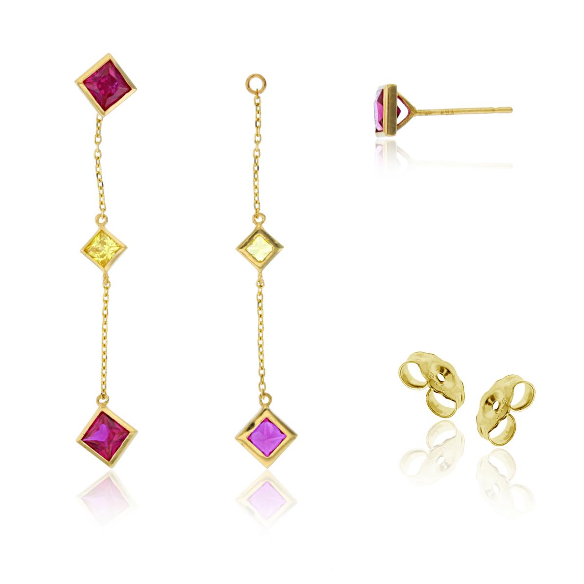 14K Yellow Gold SQ Yellow & Ruby CZ Bezel Studs on Linked Dangling Earrings with 4.5mm Clutch