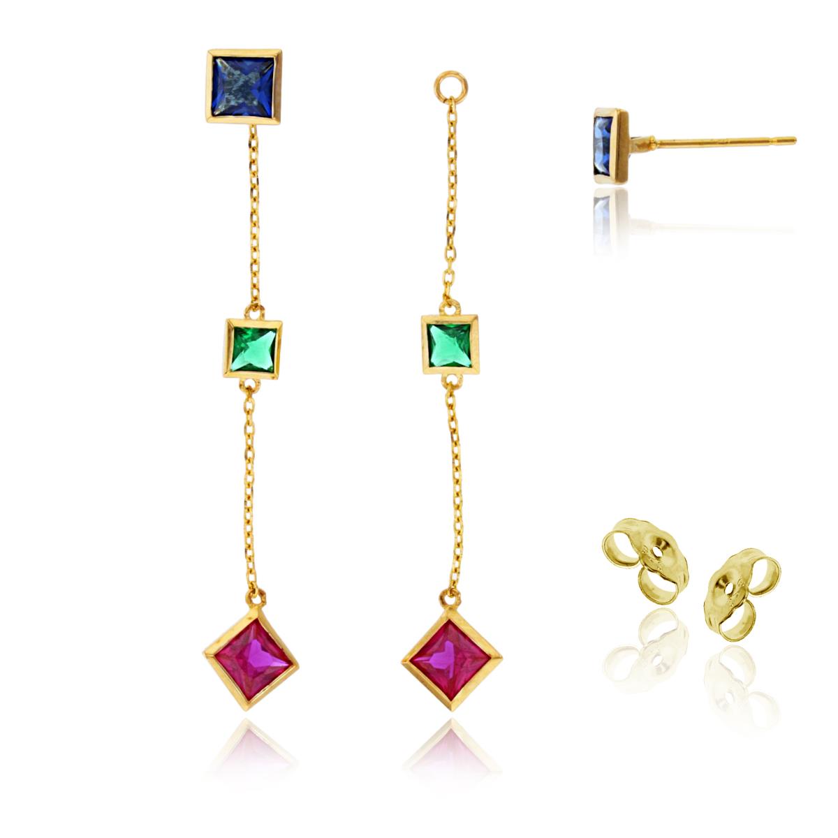 14K Yellow Gold SQ Multicolor CZ Bezel Studs on Linked Dangling Earrings with 4.5mm Clutch 