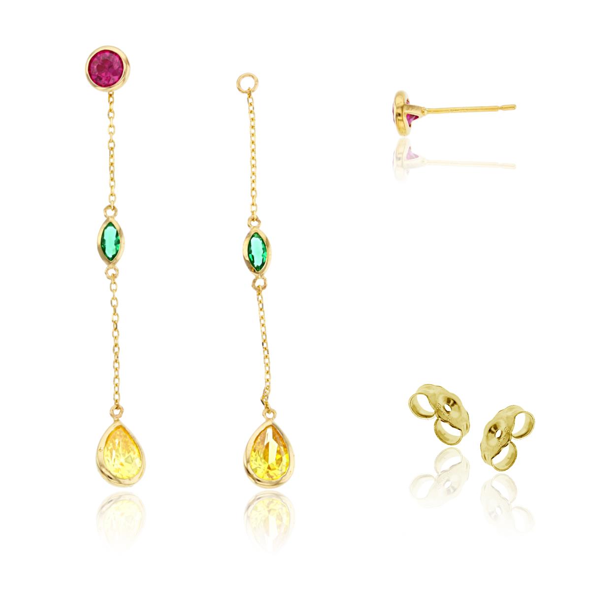 14K Yellow Gold Rnd/PS/MQ  Multicolor Bezel Studs on Linked Dangling Earrings with 4.5mm Clutch