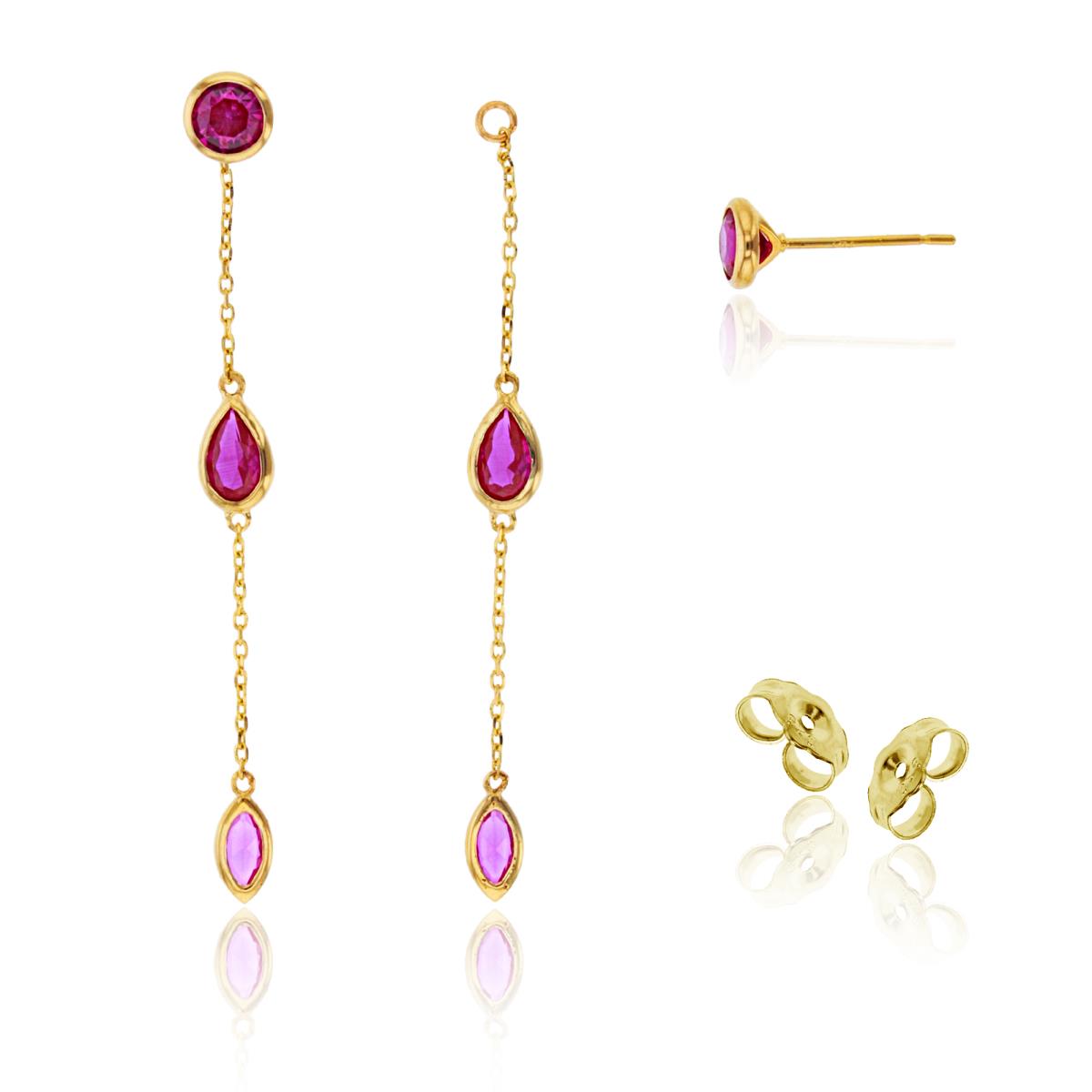 14K Yellow Gold Multishape Ruby CZ Bezel Stud on Linked Dangling Earring with 4.5mm Clutch