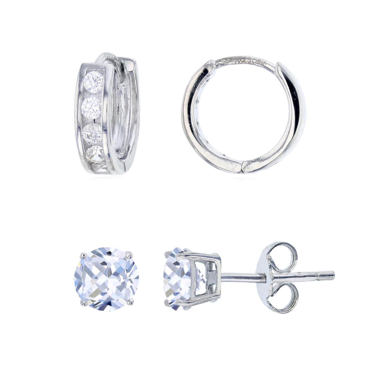 Sterling Silver Rhodium 9.5x2.8mm Channel Set Huggie & 4mm Rd Solitaire Stud Earring Set