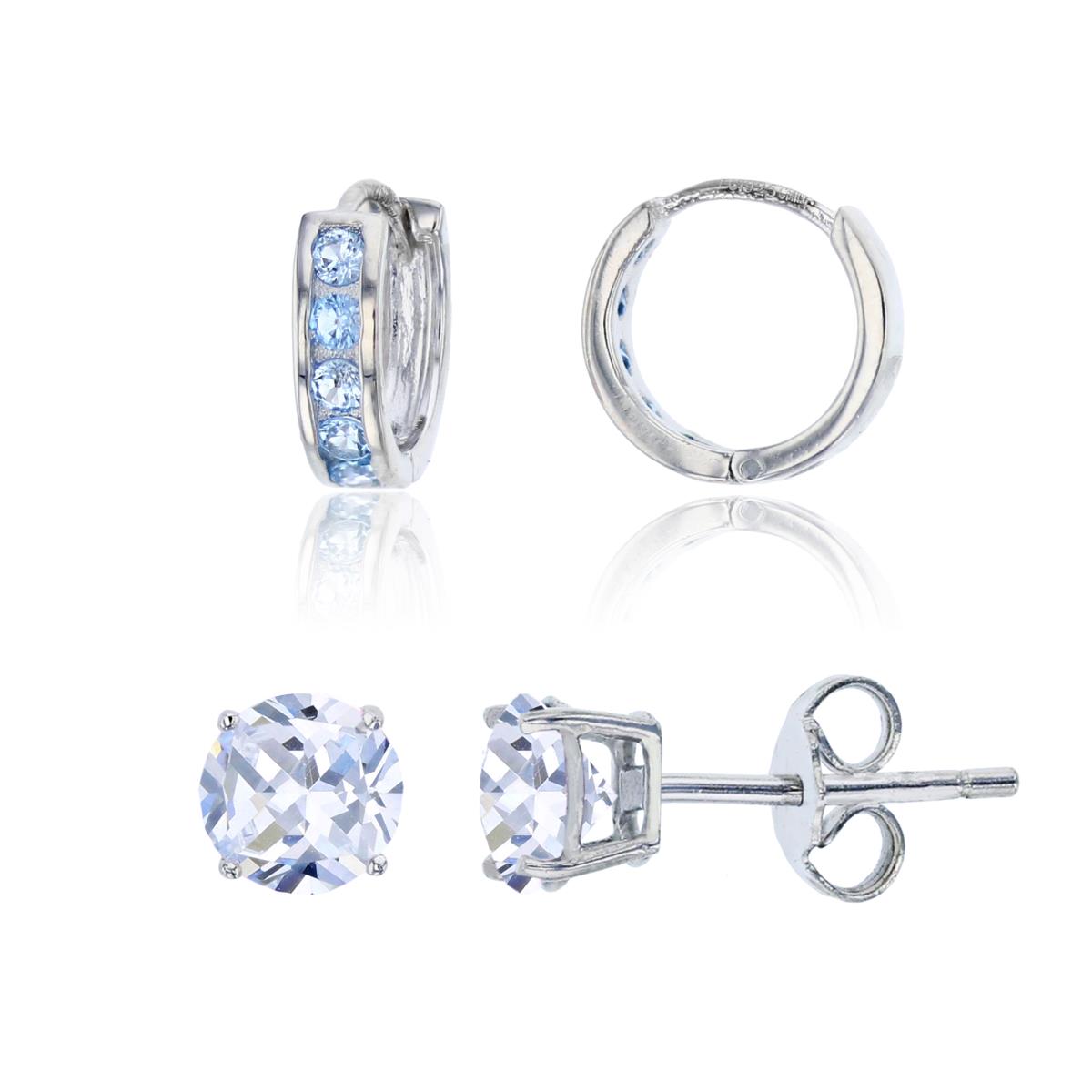 Sterling Silver Rhodium 9.5x2.8mm #119 Blue Channel Set Huggie & 4mm Rd Solitaire Stud Earring Set