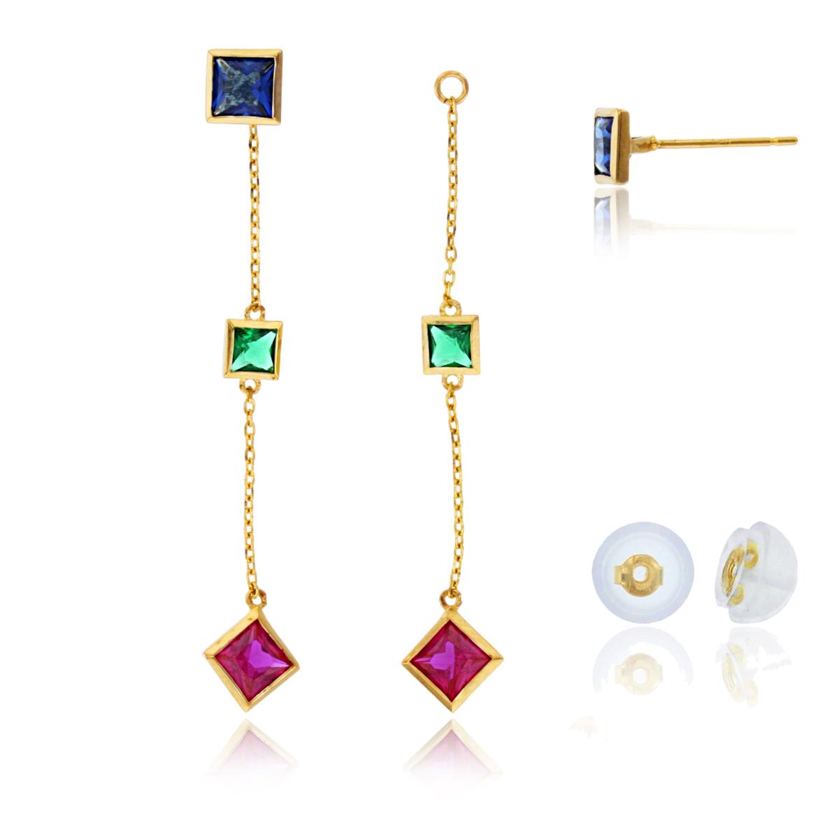 10K Yellow Gold SQ Multicolor CZ Bezel Studs on Linked Dangling Earrings with Silicon Backs