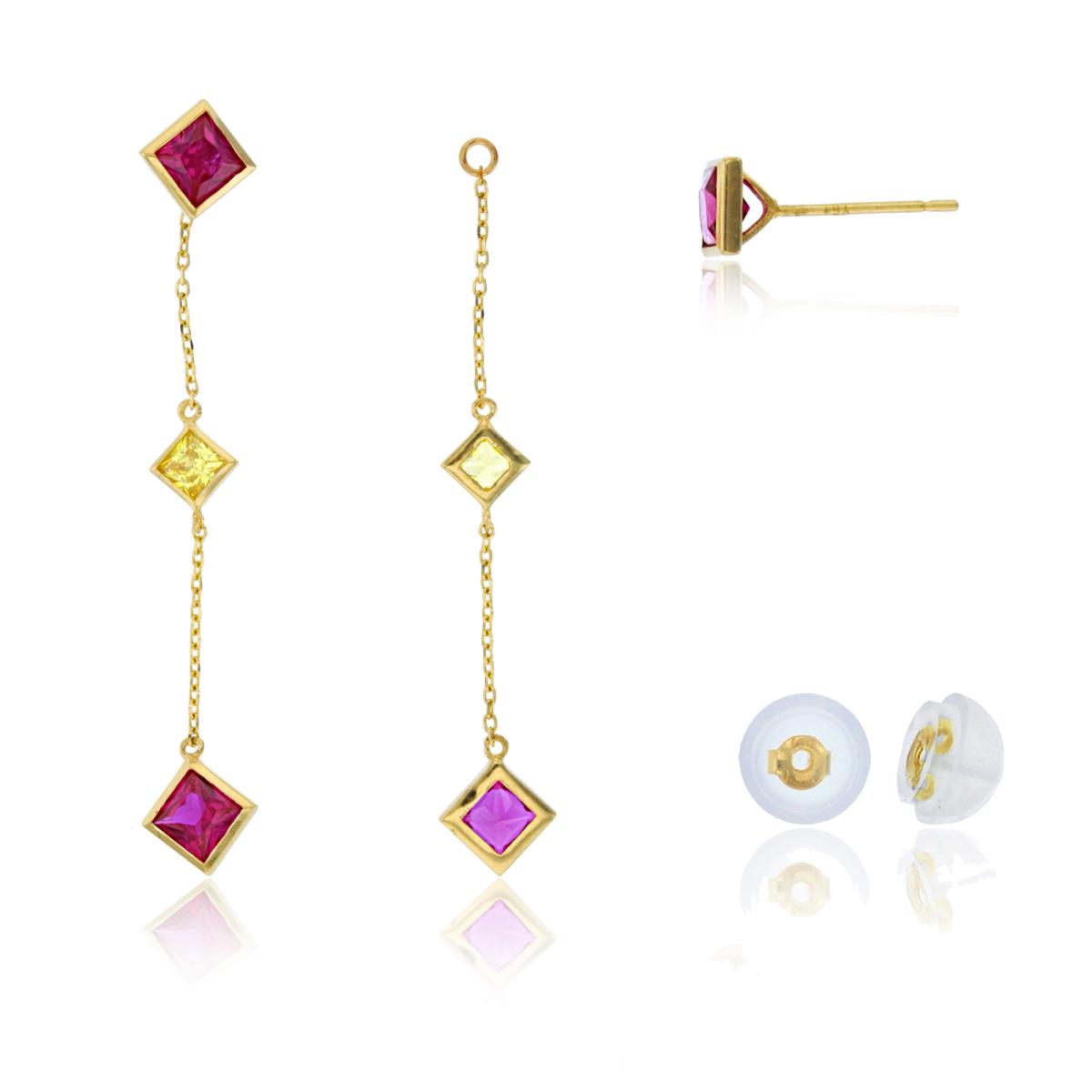 10K Yellow Gold SQ Yellow & Ruby CZ Bezel Studs on Linked Dangling Earrings with Silicon Backs