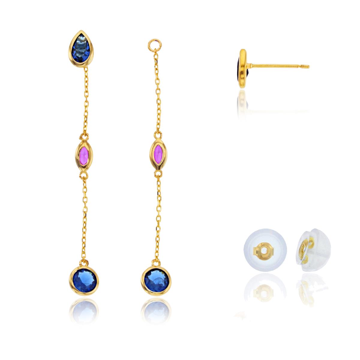 10K Yellow Gold Multishape Ruby/Sapphire CZ Studs Bezel on Linked Dangling Earrings