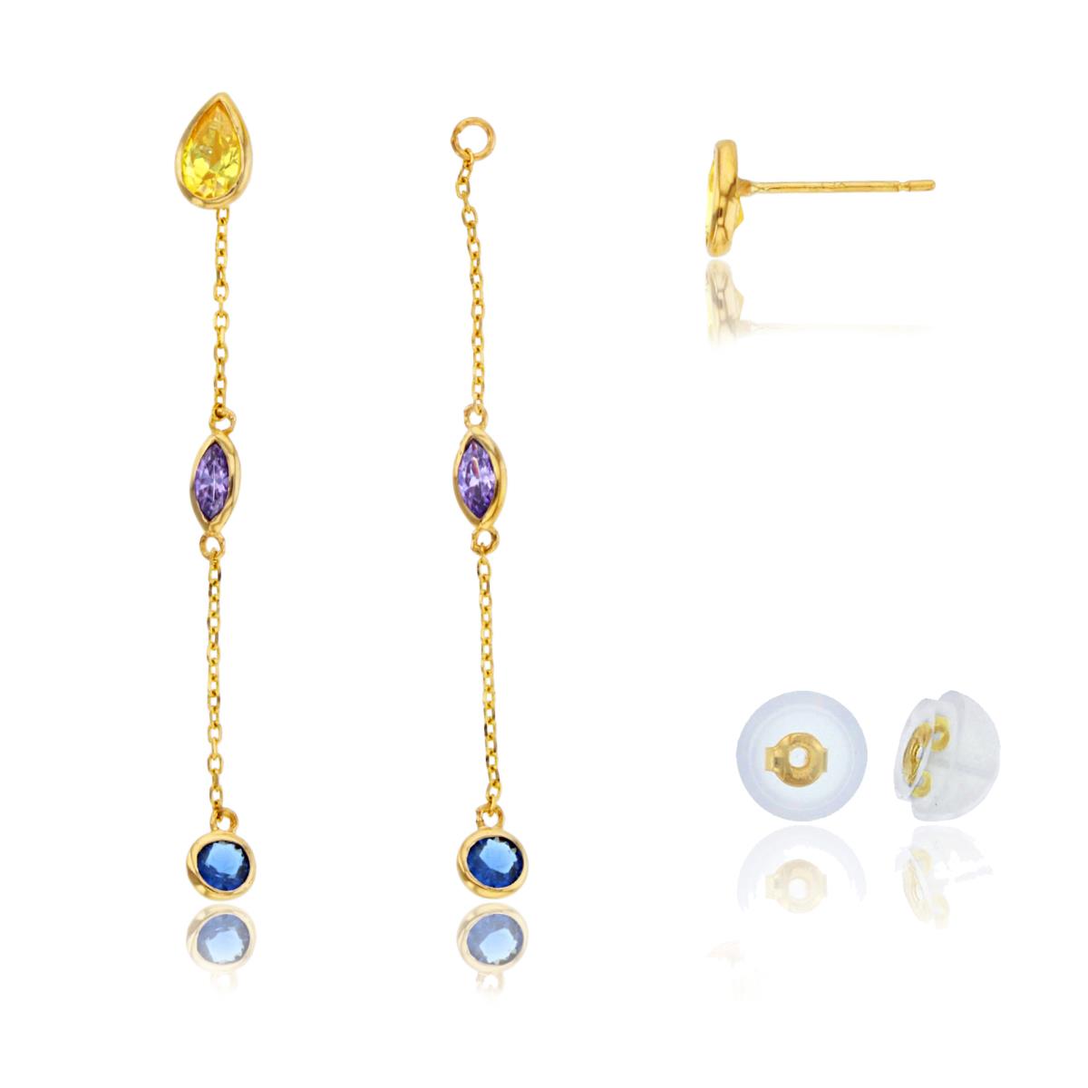 10K Yellow Gold Multishape Multicolor CZ Studs on Linked Bezel Dangling Earring