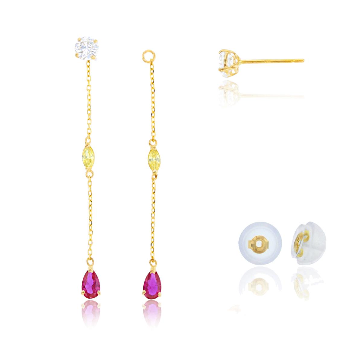 10K Yellow Gold Multishape Multicolor CZ Bezel Studs on Linked Dangling Earrings with Silicon Backs