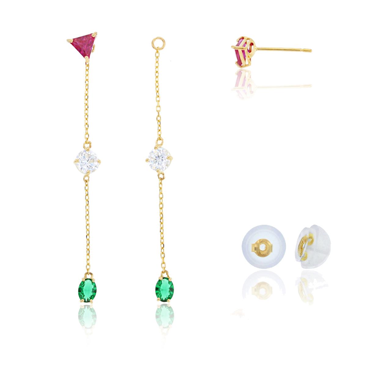 10K Yellow Gold Multishape Multicolor CZ Bezel Studs on Linked Dangling Earrings with Silicon Backs