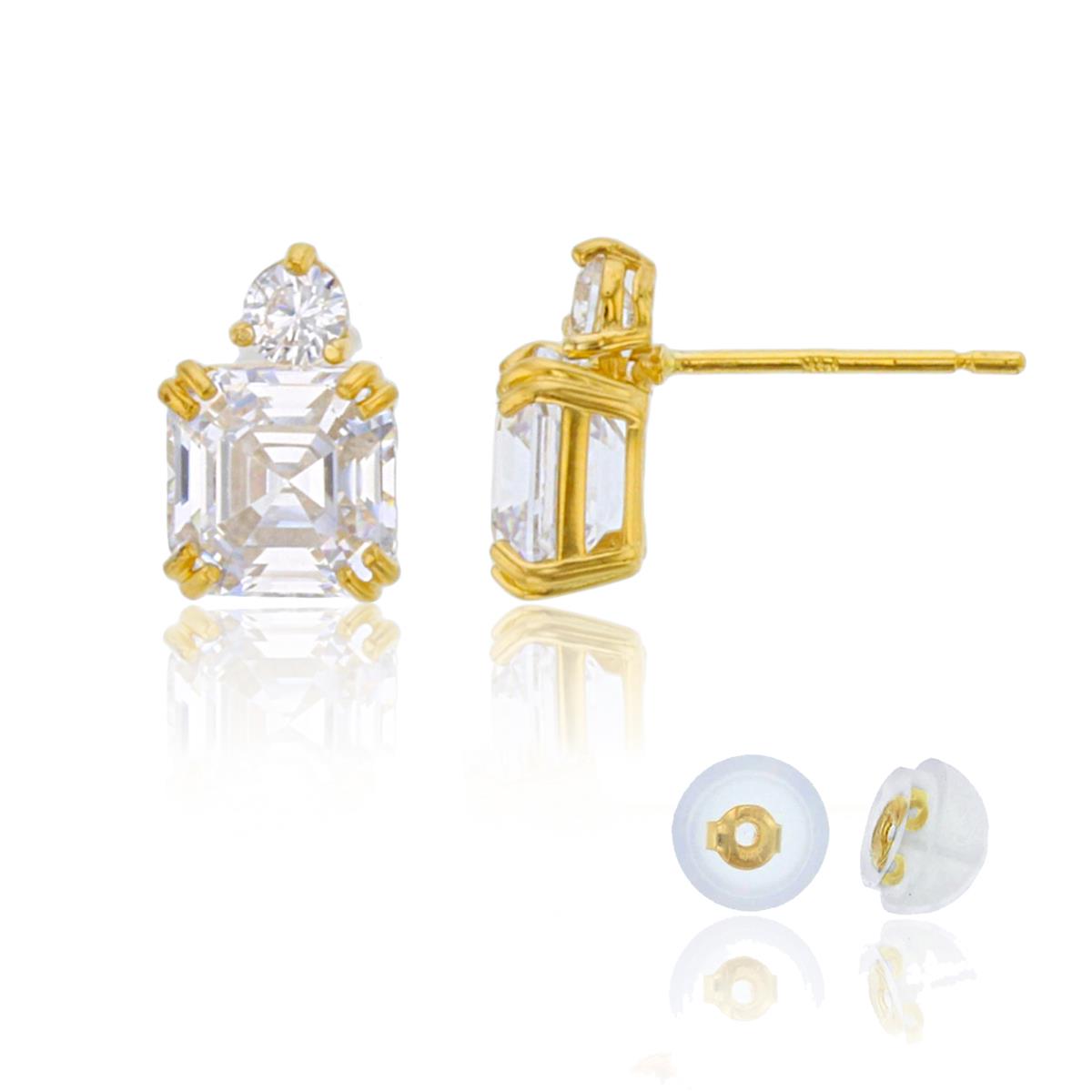 10K Yellow Gold 6mm Cush & Rnd White CZ Solitaire Studs (Silicone Backs)