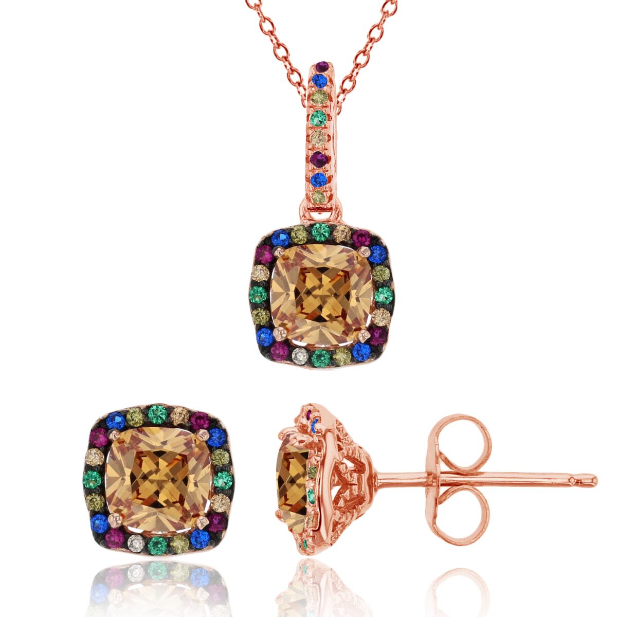 Sterling Silver Rose Cushion Cut Multi Color Halo Dangling 18" Necklace & Stud Earring Set