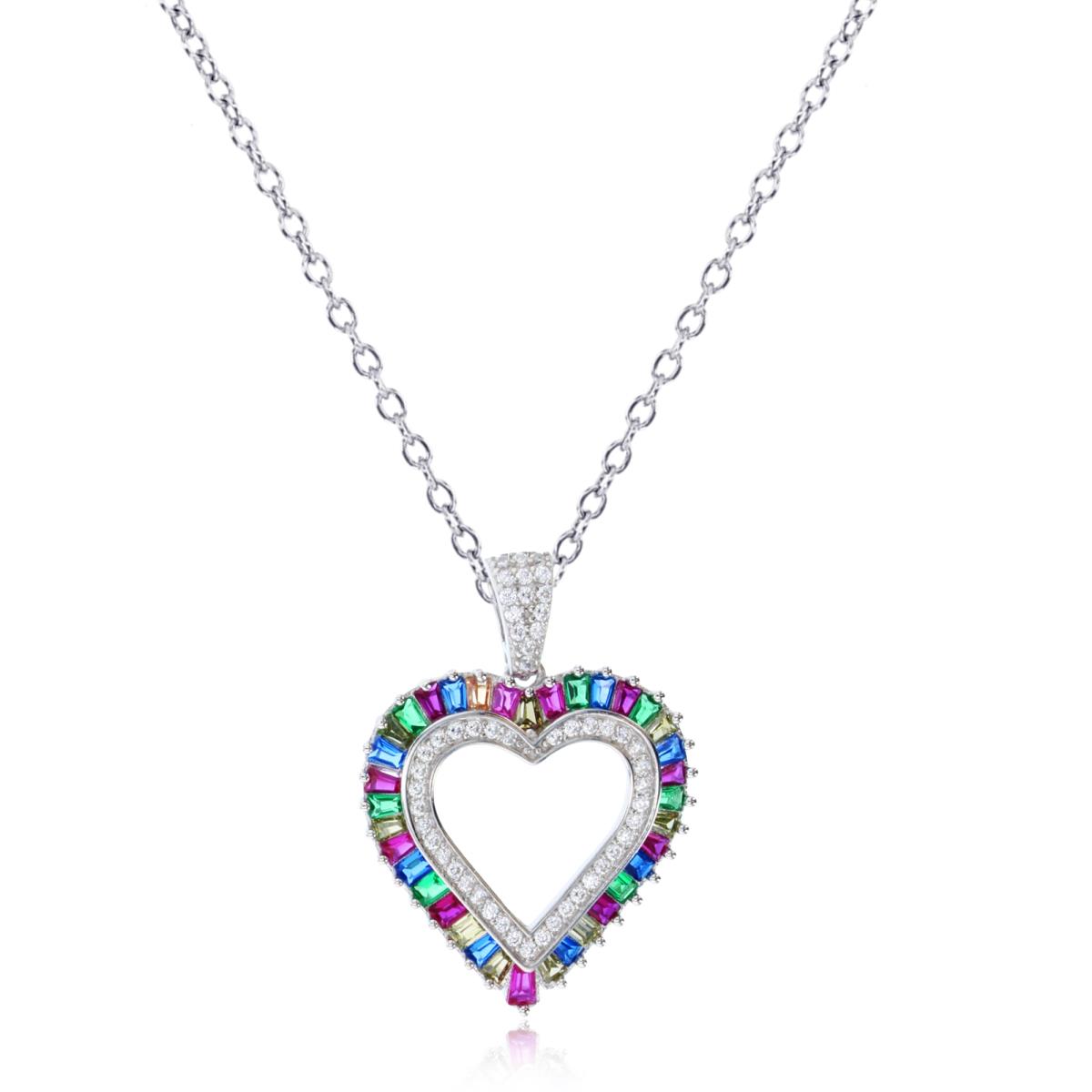 Sterling Silver Rhodium Rnd/TB/SB Multicolor CZ Open Herat 18"Necklace