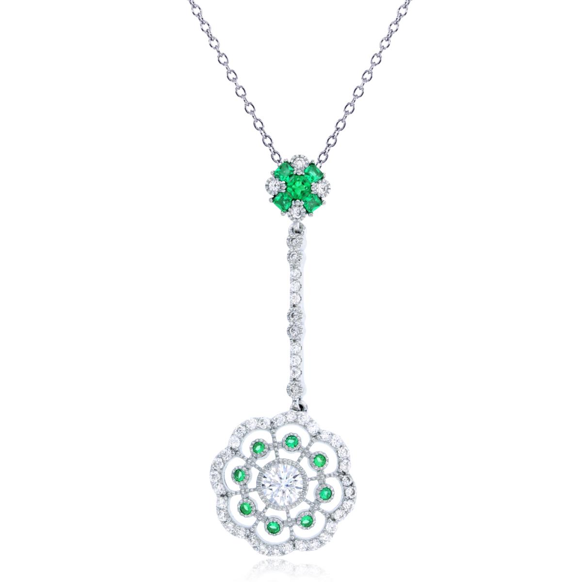 Sterling Silver Rhodium Rnd/PR White & Emerald CZ Dangling Flower 18"Necklace
