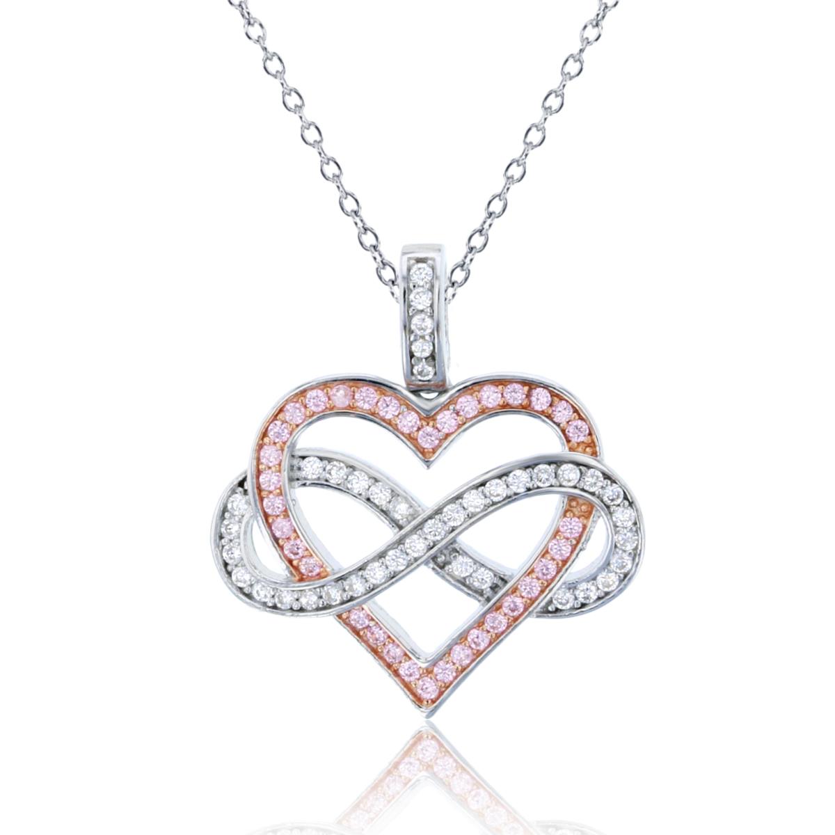 Sterling Silver Two-Tone Rnd White/Pink CZ Invert Open Heart & Infinity18"Necklace