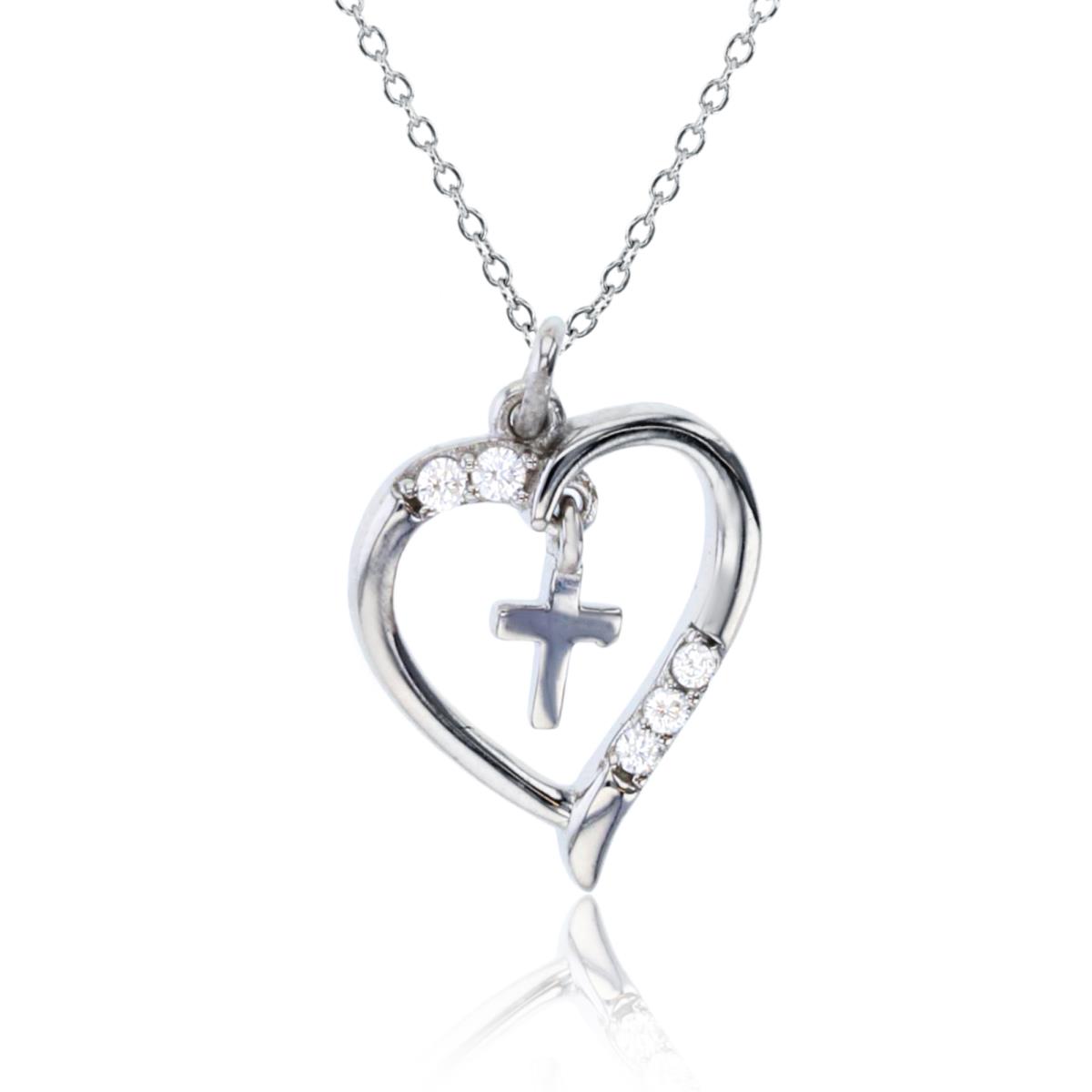 Sterling Silver Rhodium Rnd White CZ Open Heart with Dangling Cross 18"Necklace