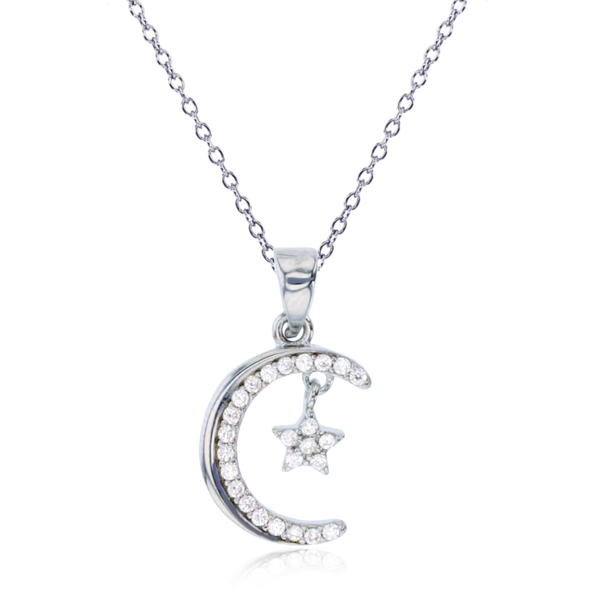 Sterling Silver Rhodium Rnd White CZ Moon & Star 18"Necklace
