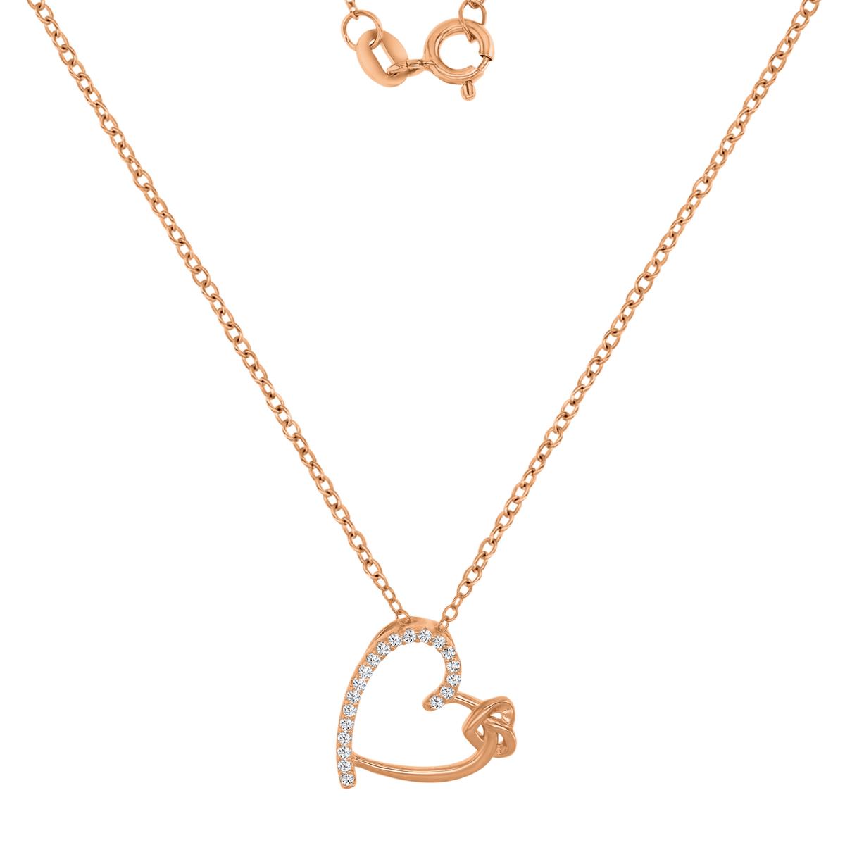 Sterling Silver+1Micron Rose Gold Rnd CZ Invert Open Big & Small Hearts 18"Necklace