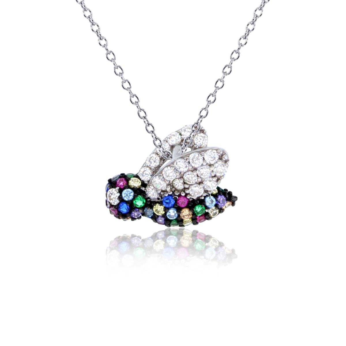 Sterling Silver Rhodium Rnd White & Multicolor CZ Bee 18"Necklace