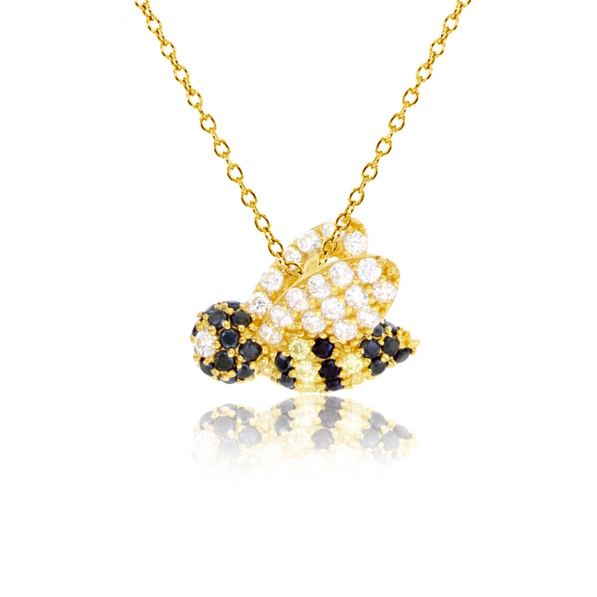Sterling Silver Yellow Rnd White & Black CZ Bee 18"Necklace