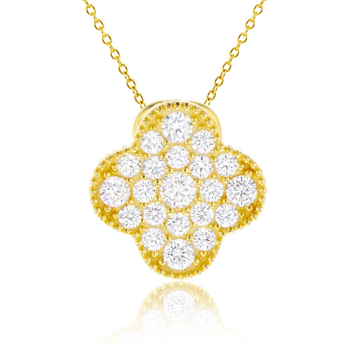 Sterling Silver+1Micron Yellow Gold Rnd CZ Beeded Clover 18"Necklace