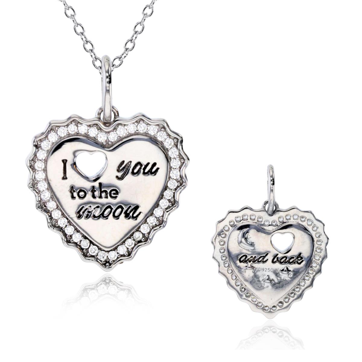 Sterling Silver Rhodium Rnd CZ Textured Heart"I Love You to the Moon"18"Necklace