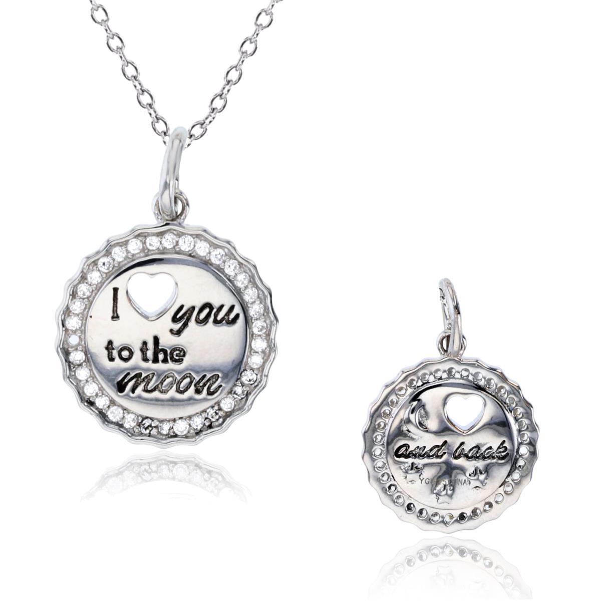 Sterling Silver Rhodium Rnd CZ Textured Circle"I Love You to the Moon"18"Necklace