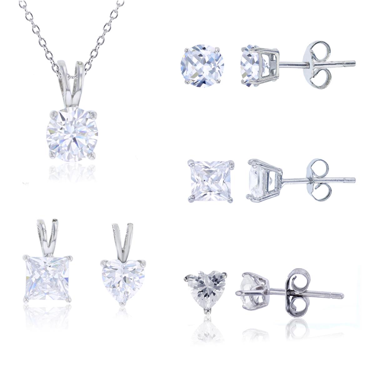 Sterling Silver Rhodium 6mm Round, Square, Heart CZ Solitaire 18" Necklace & 5mm Round, Square, 4mm Heart Stud Earring Set