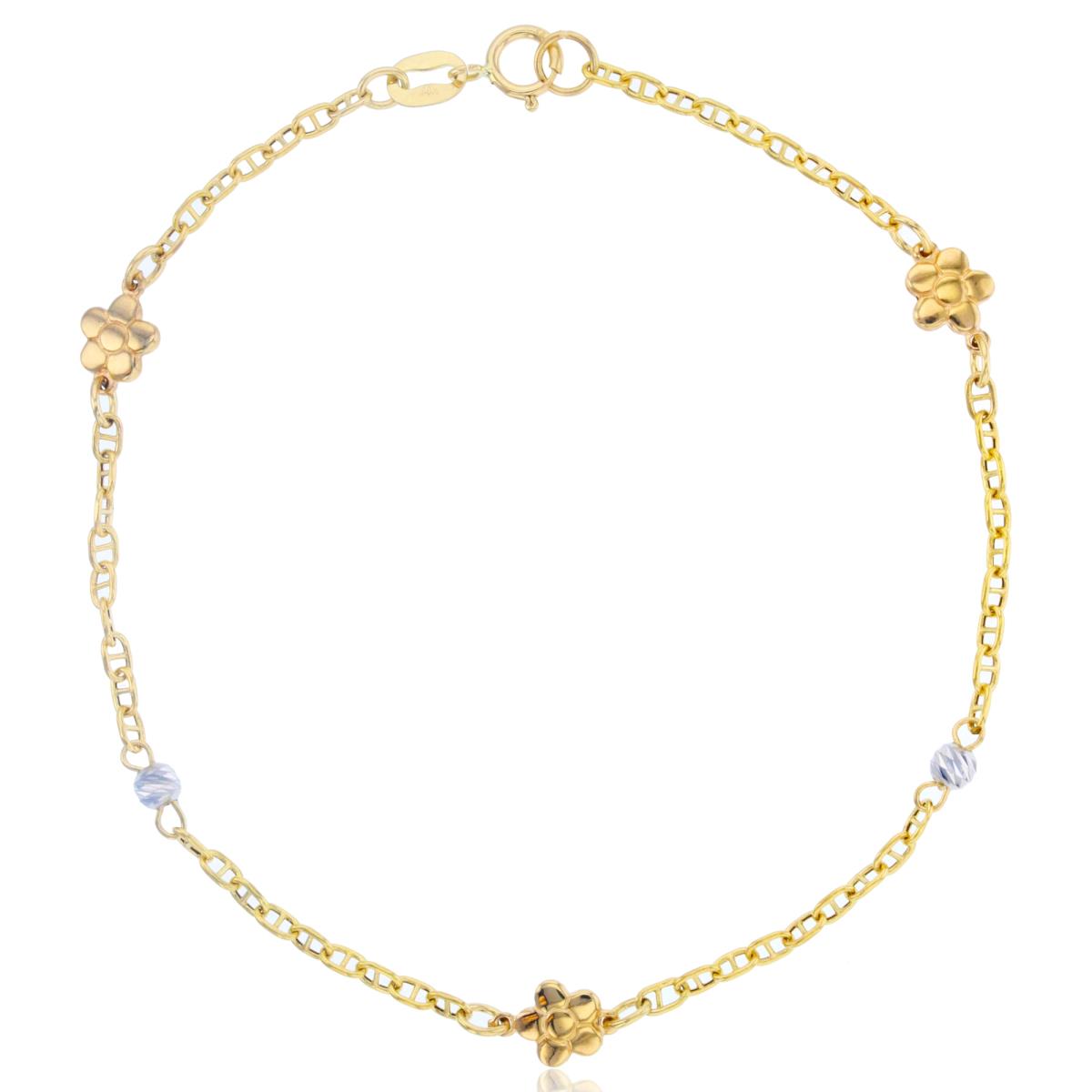 10K Two-Tone Gold  Polished Flowers & DC Beads 7.5" Bracelet