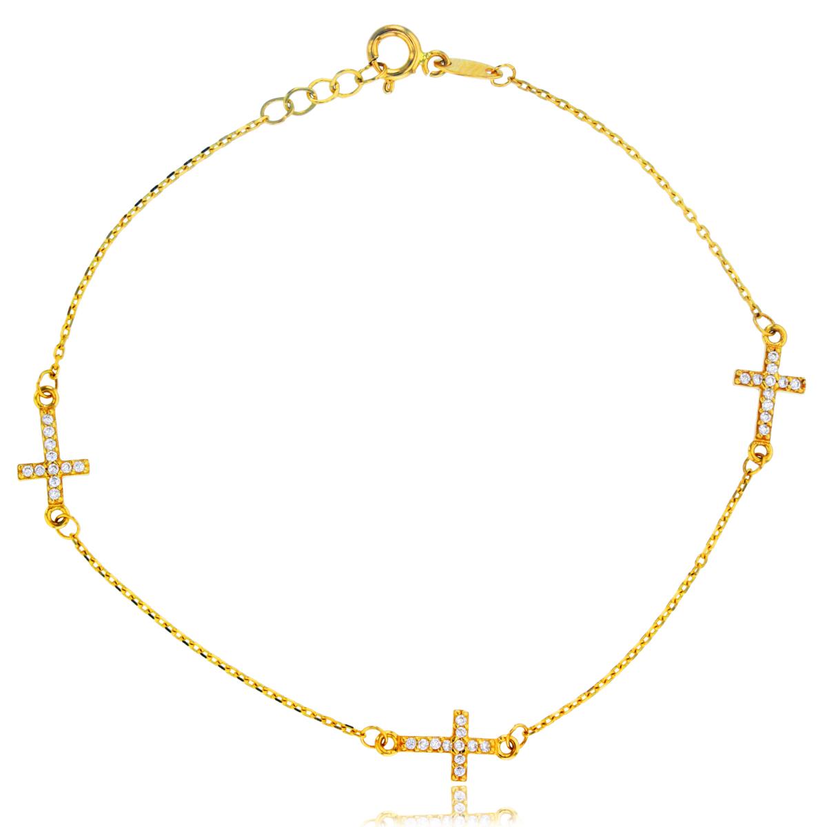 10K Yellow Gold Paved Triple Cross 7.5" Bracelet