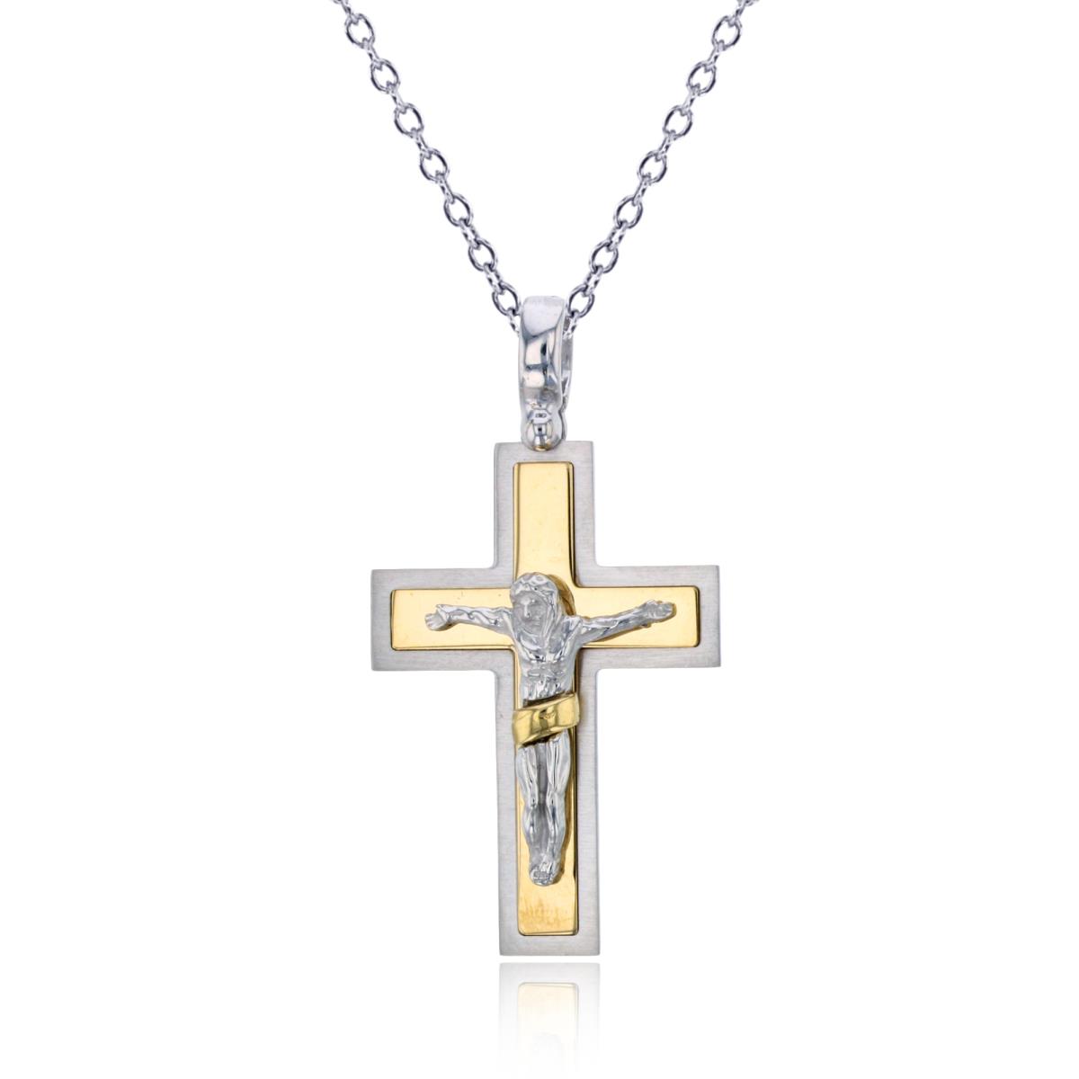 10K Two-Tone Gold Matte Frame & High Polished Crucifix Cross 18" Necklace