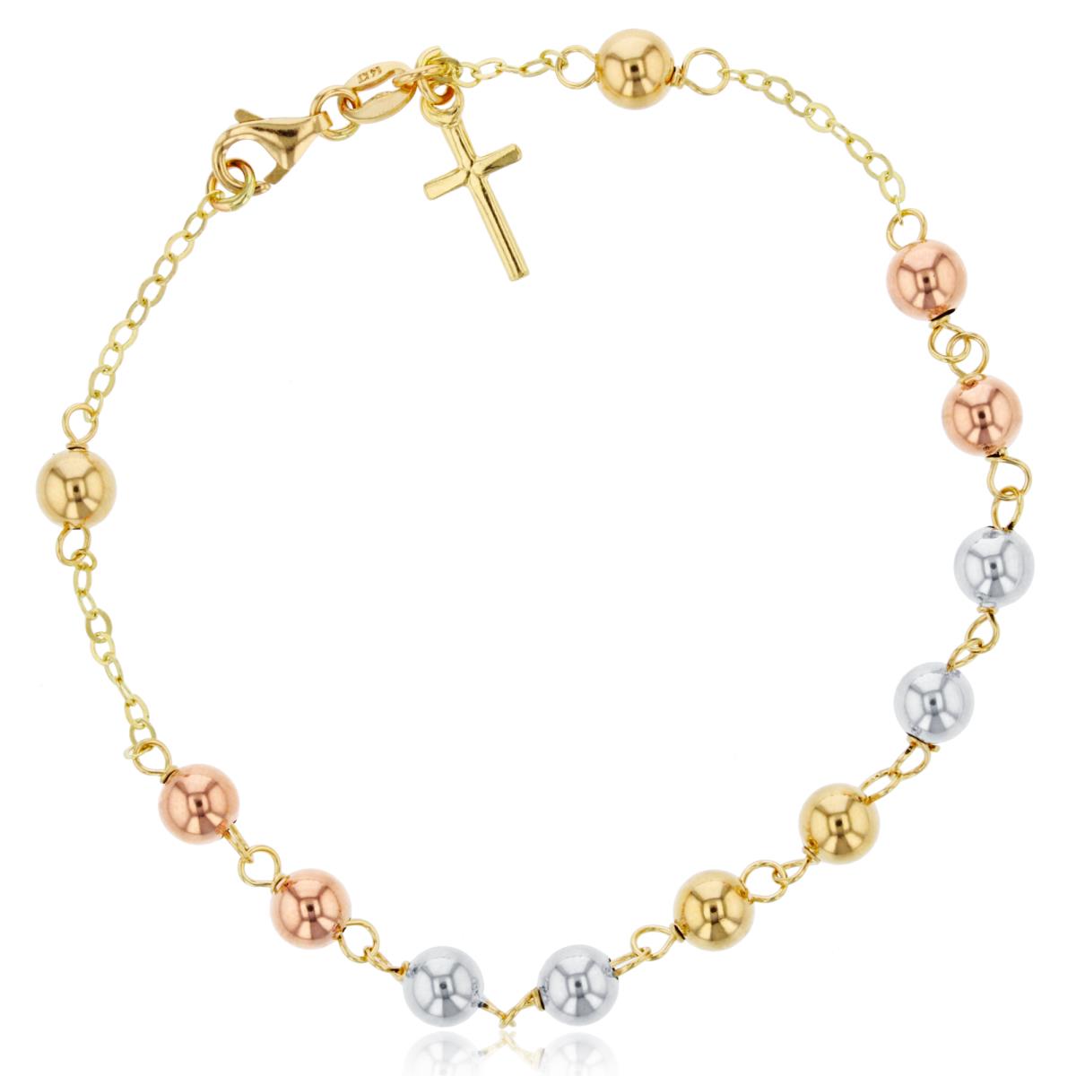 10K Tri-Color Gold 5mm Polished Beads Dangling Cross 7.25" Bracelet
