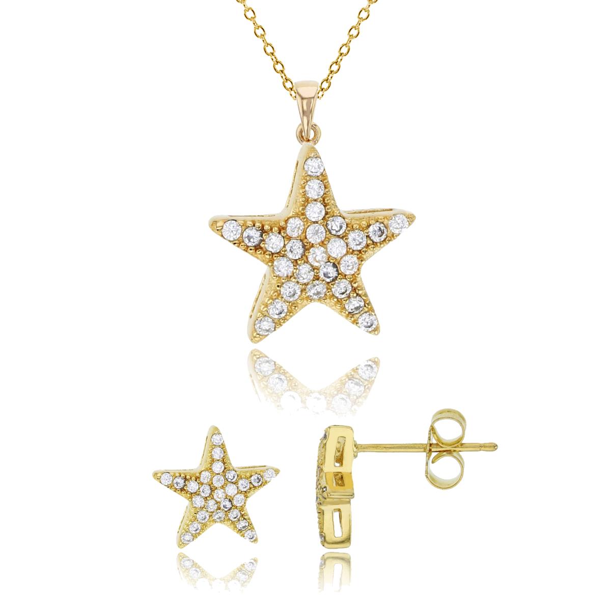 Sterling Silver Yellow 1-Micron Micropave Starfish 18" Necklace & Earring Set