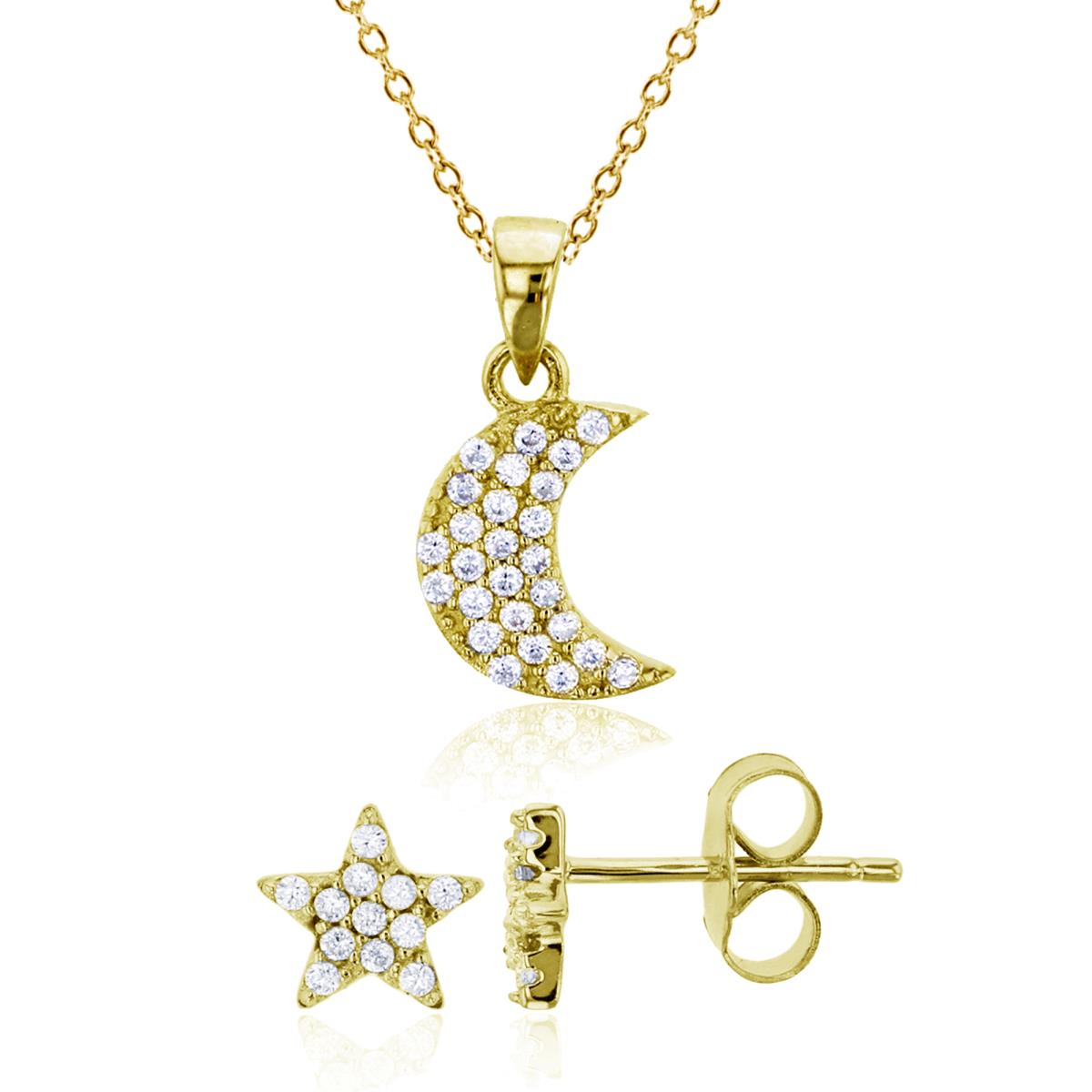 Sterling Silver Yellow Micropave Crescent Moon 18" Necklace & Star Stud Earring Set