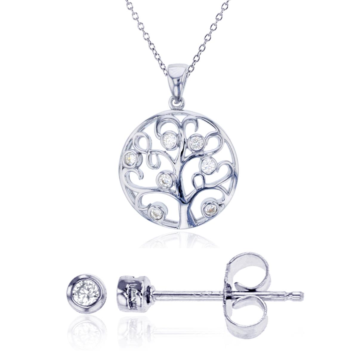Sterling Silver Tree of Life 18" Necklace & 4mm Round CZ Bezel Stud Earring Set