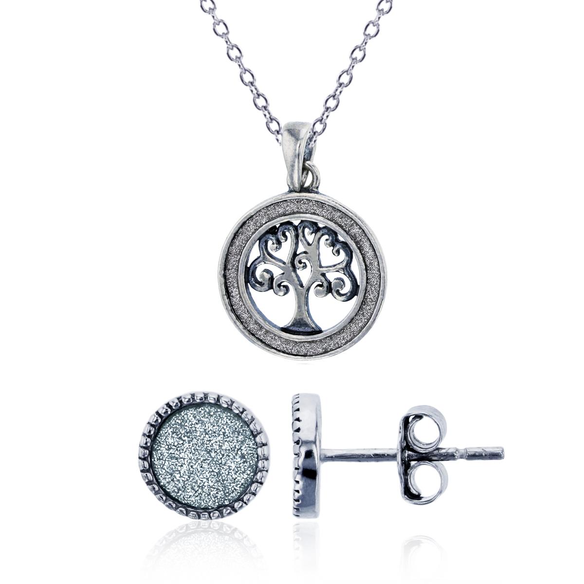 Sterling Silver Antique Giltter Tree Of Life 18" Necklace & 7mm Round Glitter Stud Earring Set