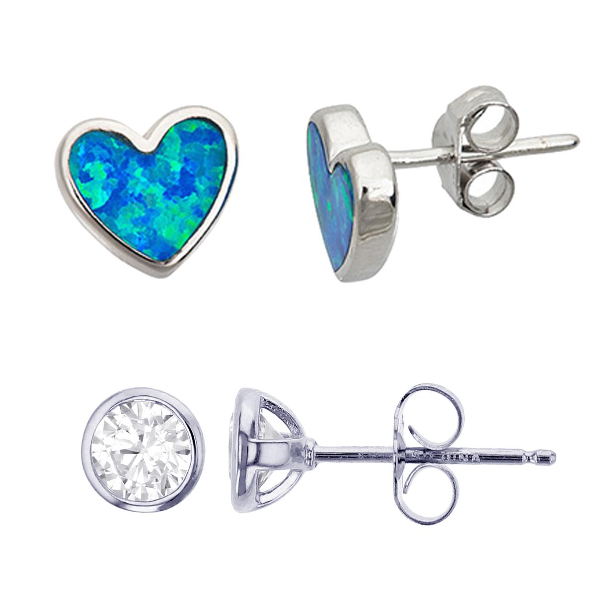 Sterling Silver Created Opal Heart & 5mm Round Cut CZ Bezel Stud Earring Set