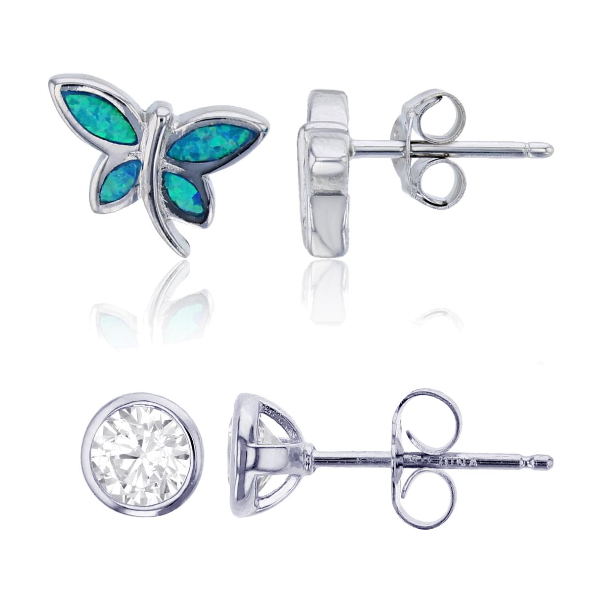 Sterling Silver Created Opal Butterfly & 5mm Round Cut CZ Bezel Stud Earring Set