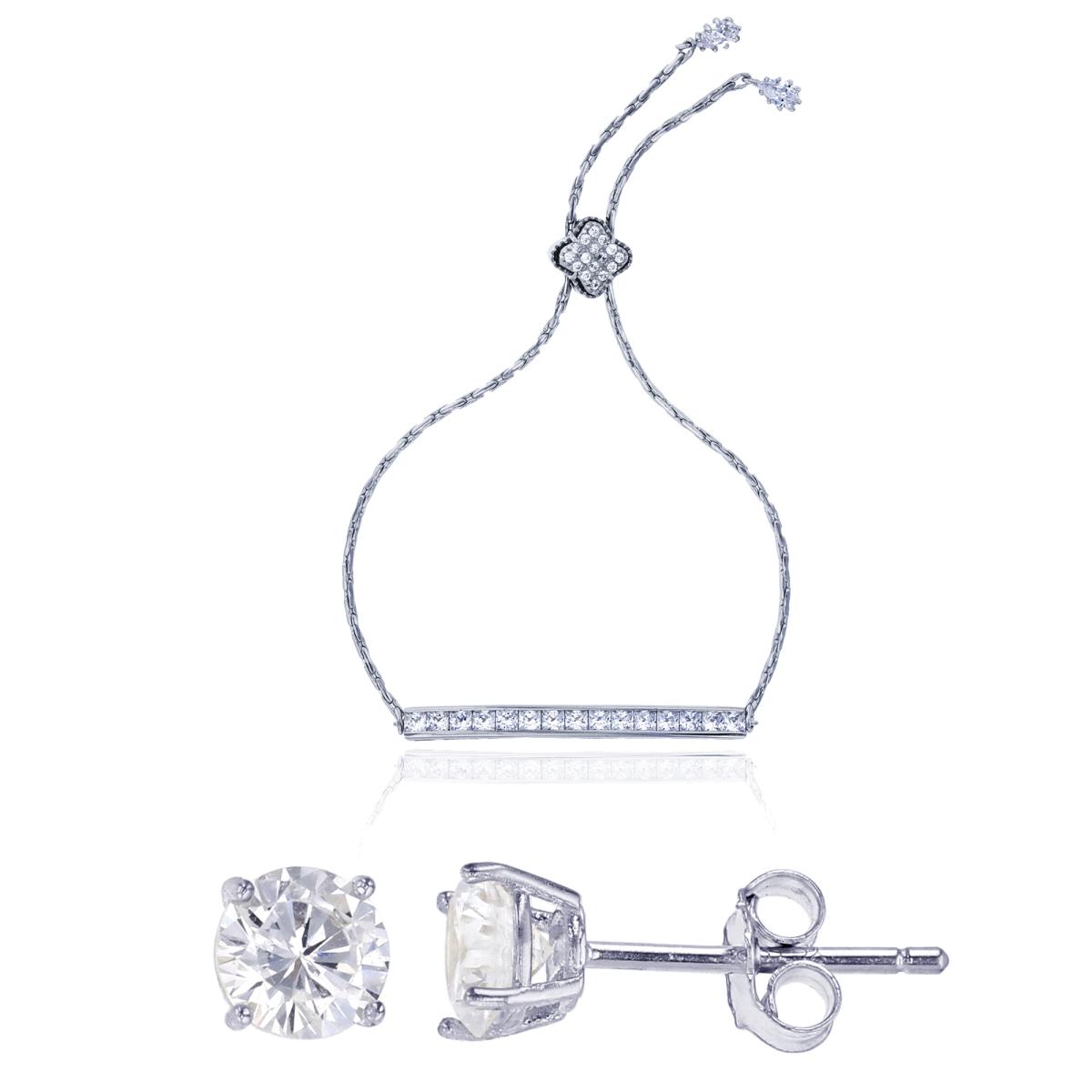 Sterling Silver Rhodium Pave Princess Cut Channel Adj Bracelet & 5mm Rd Solitaire Stud Earring Set