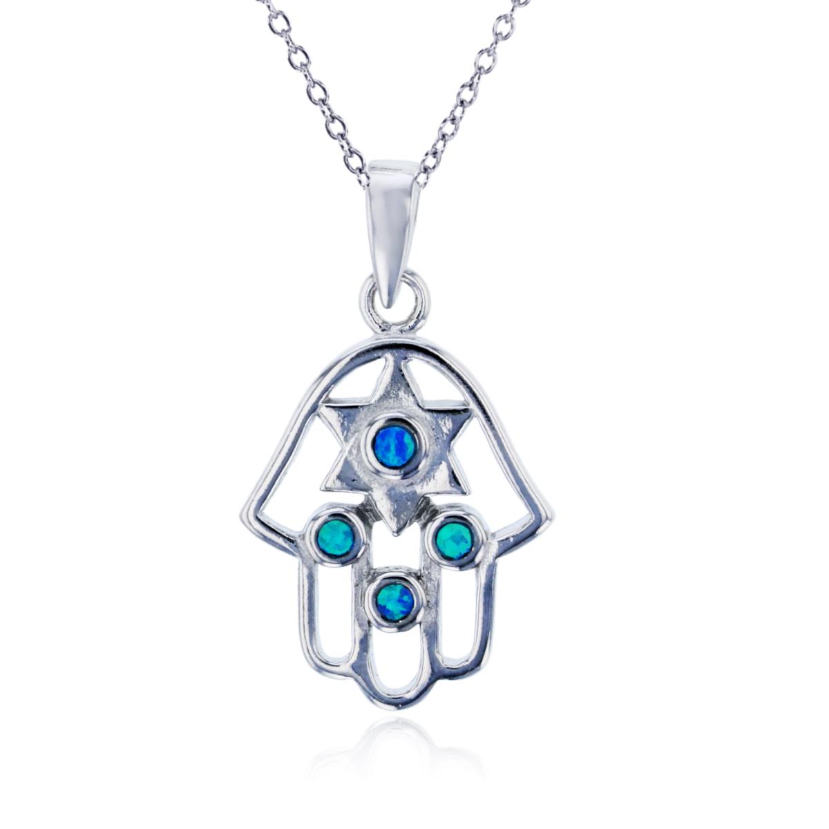 Sterling Silver Created Opal Hamsa 18" Bead Chain Necklace