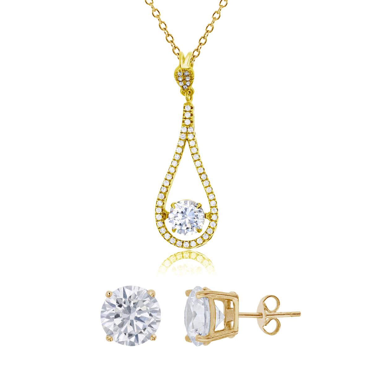 Sterling Silver Yellow 1-Micron Rd CZ Teardrop 18" Necklace & 8mm Rd Solitaire Earring Set