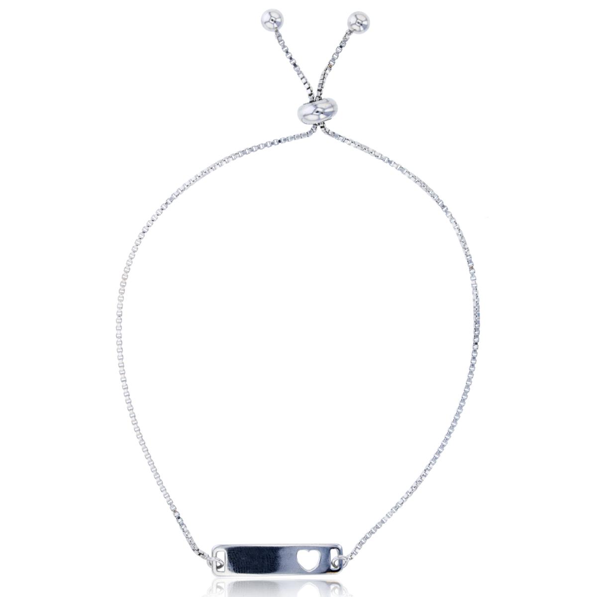 Sterling Silver Rhodium High Polished Bar with Heart Adjustable Bolo Bracelet