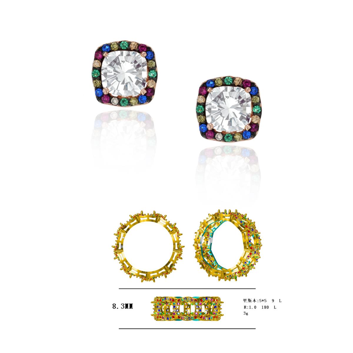 Sterling Silver Rose 5mm White Cushion Cut Multi Color Halo Earring & Eternity RingSet