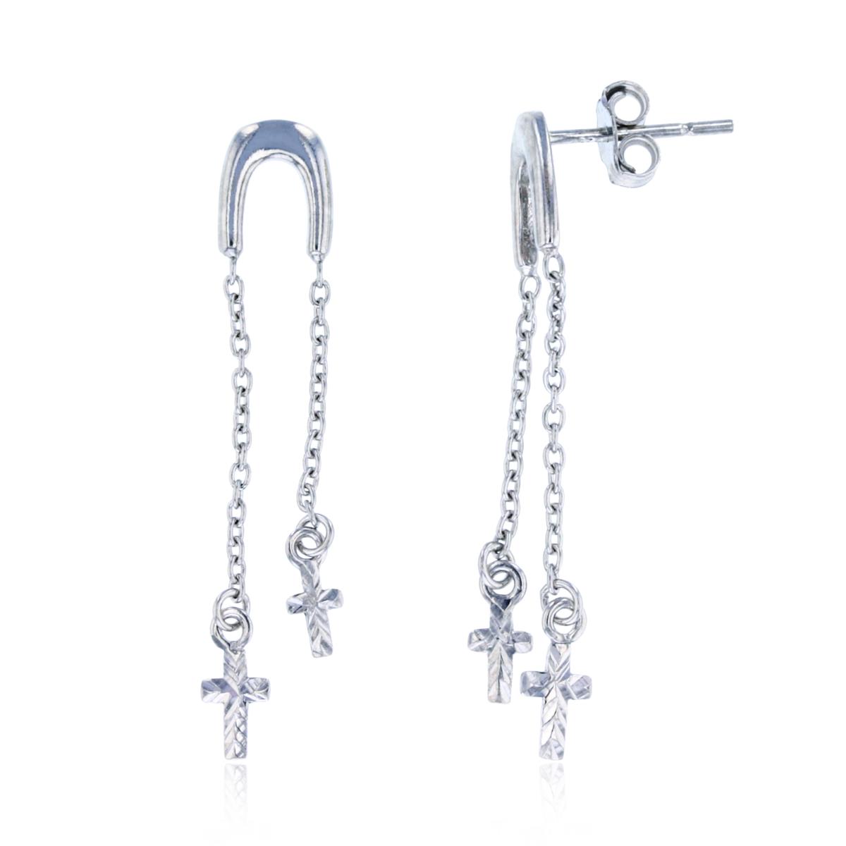 Sterling Silver Rhodium High Polished Horseshoe & Diamond Cut Crosses on Chain Dangling Earring