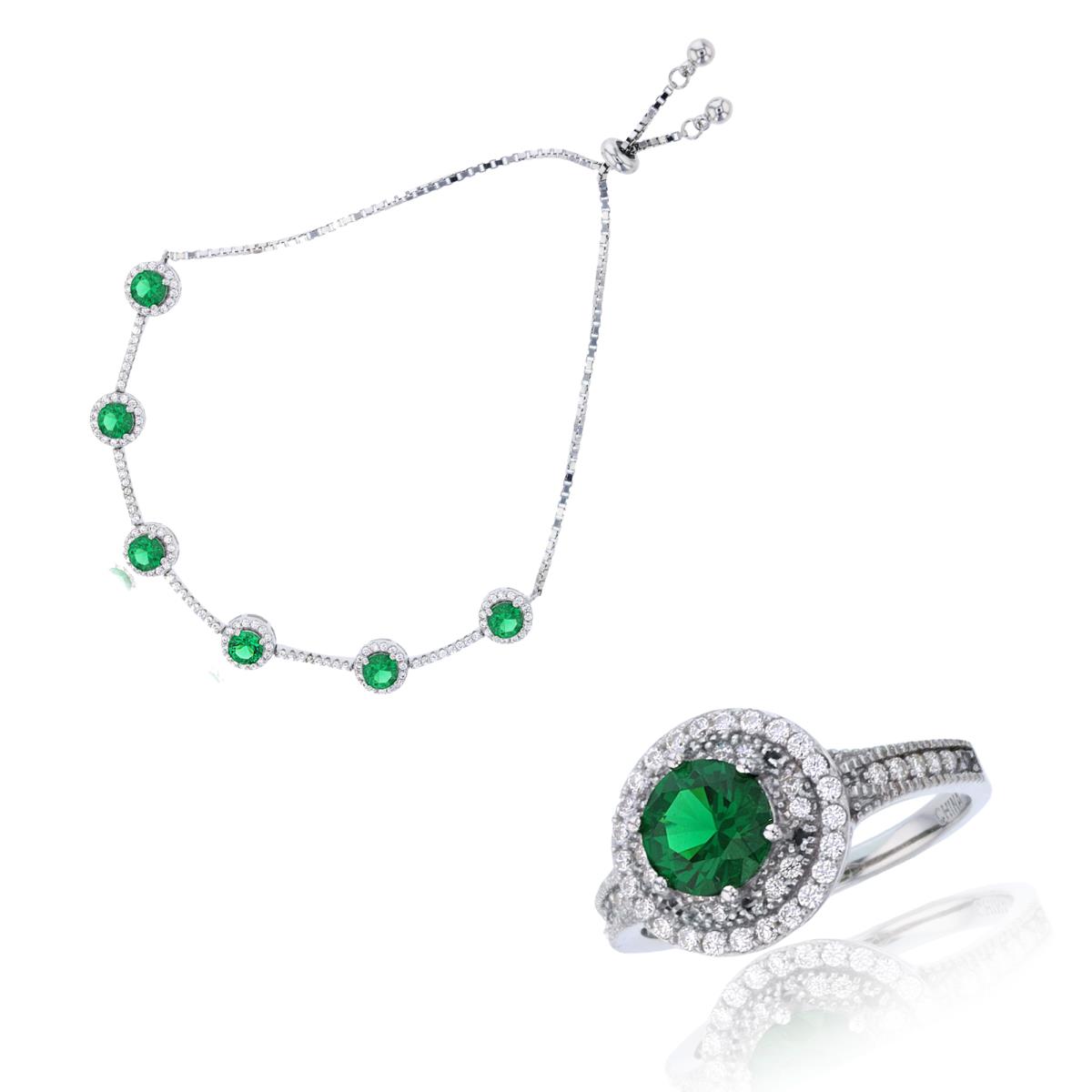 Sterling Silver Rhodium Rnd Emerald & White CZ Halo Adjustable Bracelet & Ring Set
