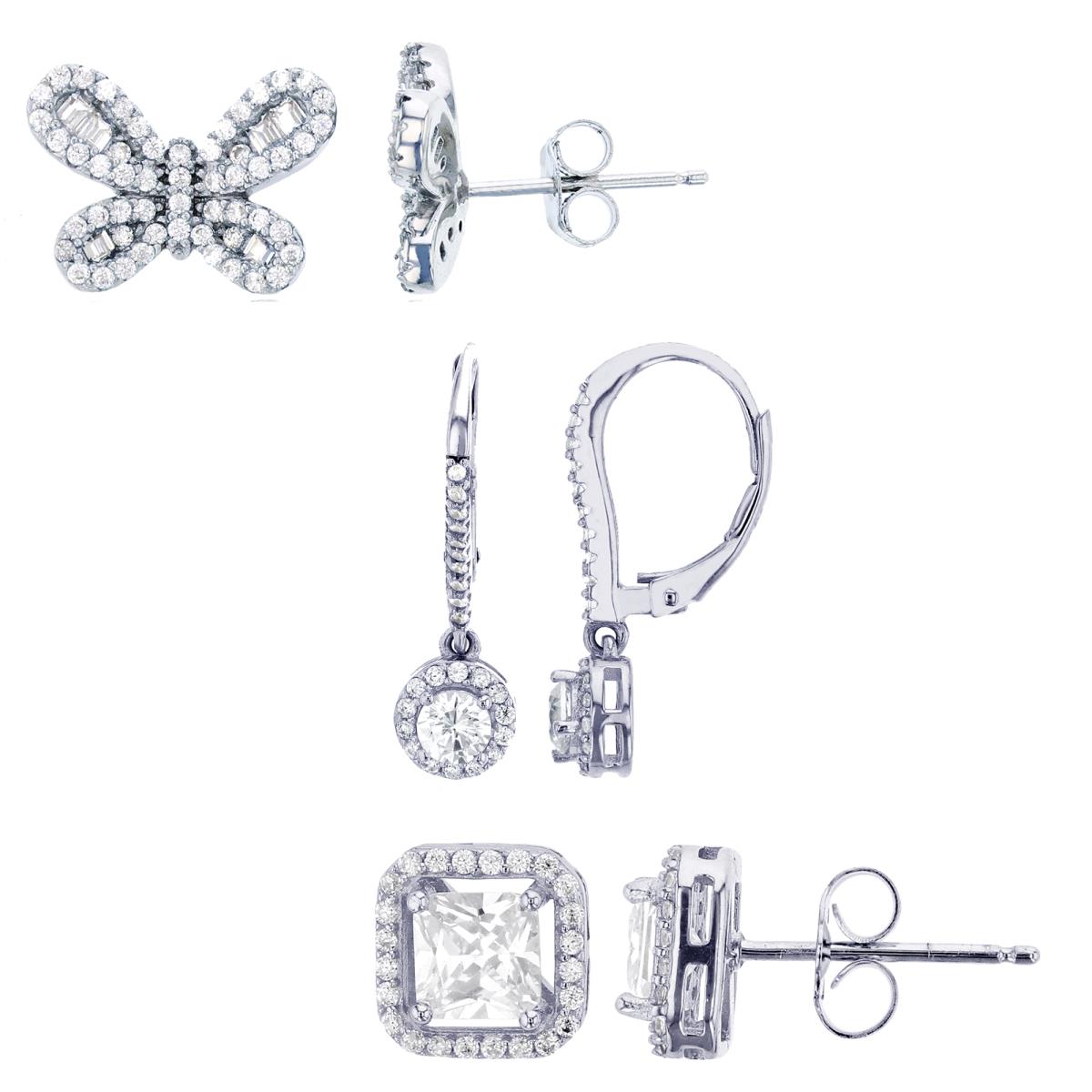 Sterling Silver Rhodium 4mm Rd Halo Leverback, 5mm Sq CZ Halo & Butterfly Stud Earring Set