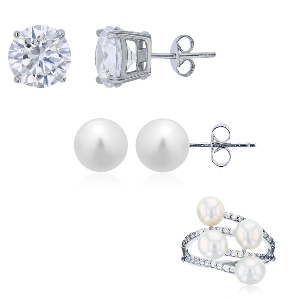 Sterling Silver Rhodium 8mm Solitaire Rd CZ, Pearl Stud Earrings & Bypass Ring Set